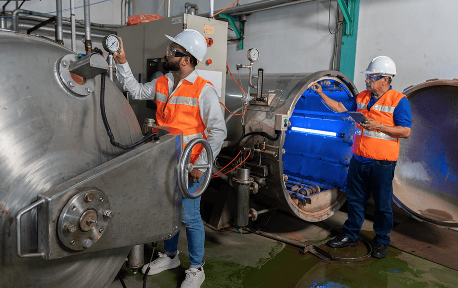 steam-boiler Workers next to Steam Boiler in factory